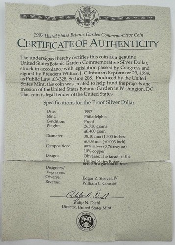 1997 U.S Botanic Garden Commemorative Proof Silver Dollar With Coa - Picture 4 of 4