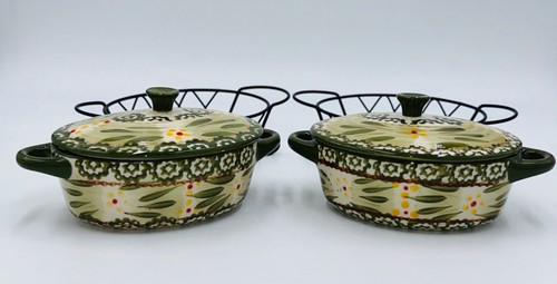 Tempations Old World Green Casserole Dishes 9 oz With Serving Racks Set of Two - Picture 2 of 7
