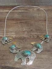 Navajo Indian Nickel Silver & Turquoise Bear Link Necklace by Cleveland