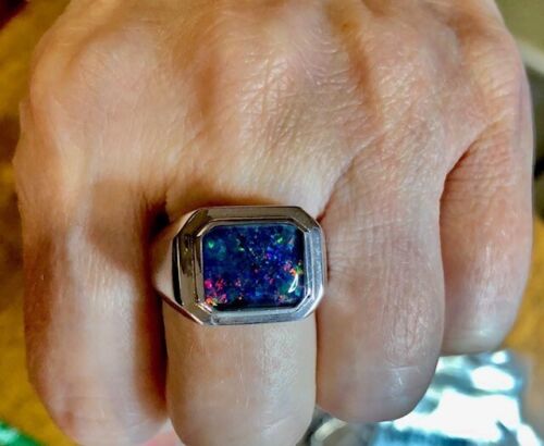 Robust fire solid heavy Blue Black Opal men's ring 8 Q Dark Mysterious 3 carat - Picture 5 of 5