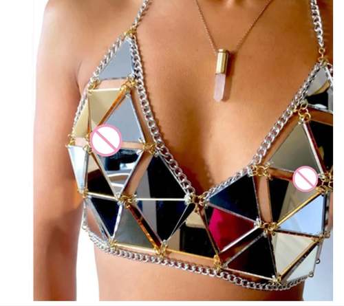 Festival Sexy Catena Metallo Crop Top Specchio Diamanti Paillettes Cave Porta Festa - Foto 1 di 8