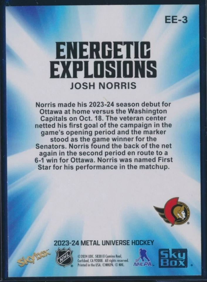 2023-24 UD Skybox Metal Universe Ottawa Josh Norris Energetic Explosions #EE-3 - Image 2 of 2