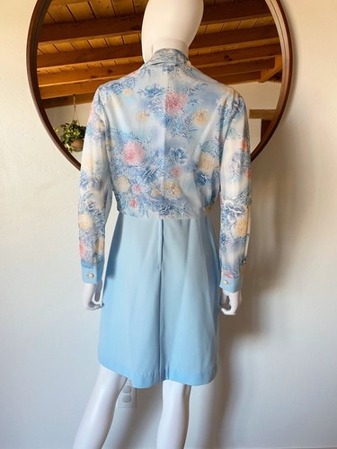 VTG 70'S BABY BLUE SLEEVELESS DRESS + SEMI SHEER FLORAL TIE FRONT JACKET M/L - Picture 8 of 12