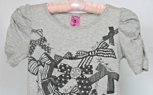 Cute Tees Girls Gray Girly Bow Design Jewel Stone Short Sleeve Shirt Top Size S - Picture 3 of 11