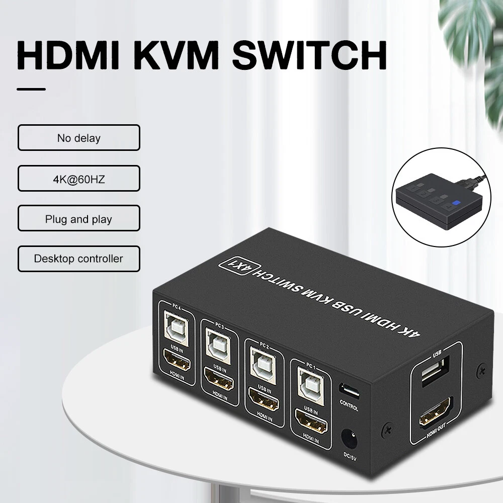 4 Port USB HDMI KVM Switch Box 4K@60Hz 4X1 Switcher HDCP 2.2 for