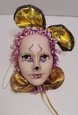 Vtg Clay Theater Mask Wall Decor Mardi Gras Purple Hair Harlequin Cat Face