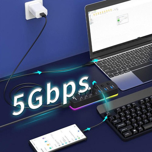 RGB USB 3.0 Hub 7 Ports Data Port Adapter 5Gbps High Speed Individual On/Off - Afbeelding 9 van 14