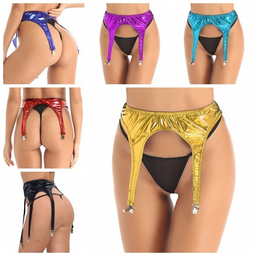 UK Womens Wetlook Shiny Metallic Garter Belt Thigh High Suspender Belts Lingerie - Picture 5 of 146
