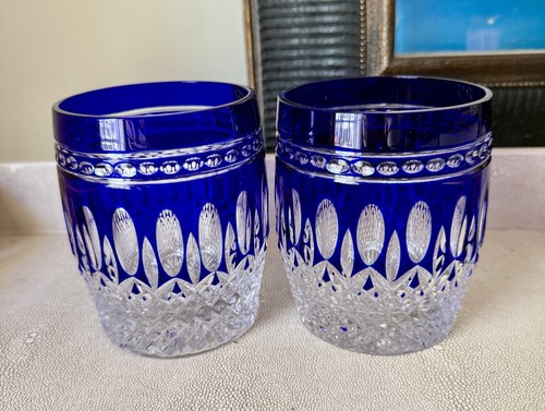 Pair Waterford Crystal CLARENDON Cobalt Blue Double Old Fashioned Exc Cond - Foto 1 di 10