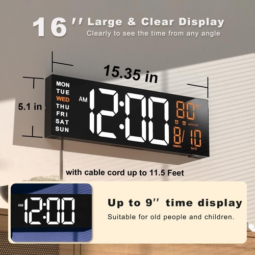 Reloj digital grande de montaje en pared de 16", temporizador de cuenta regresiva, alarma, LED grande, color RGB, - Imagen 2 de 7