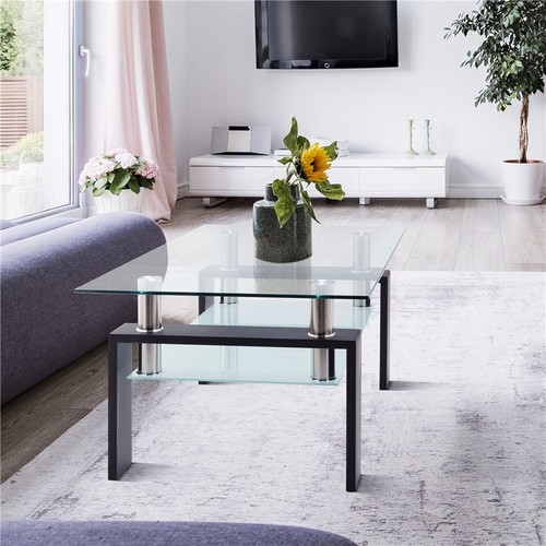 Modern Rectangle Glass Coffee Table Side Center Table with Shelf for Living Room - Picture 12 of 13