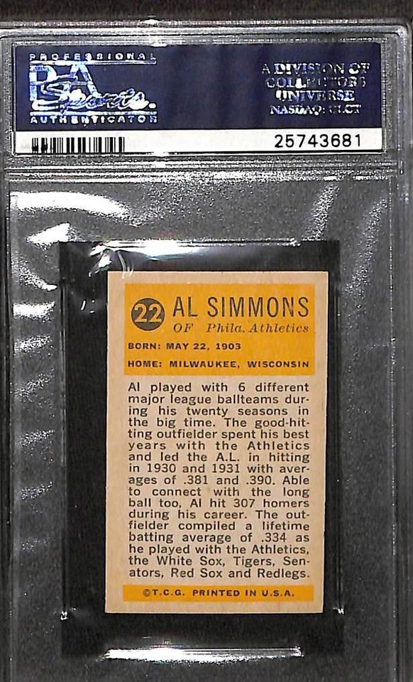 1963 Bazooka All-Time Greats #22 AL SIMMONS PSA 8 NM-MT 25743681 - Image 2 of 3