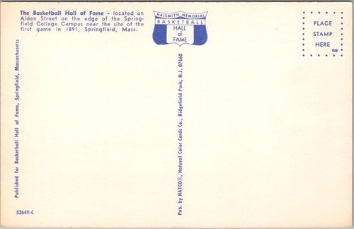 Vintage BASKETBALL HALL OF FAME Springfield Mass. Postcard Alden Street View NBA - Picture 2 of 2