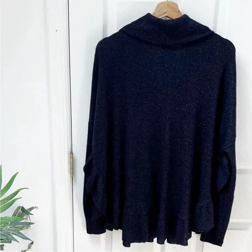 Anthro Postmark Orley Ribbed Knit Metallic Ruffle Cowl Neck Sweater in Navy Blue - Picture 6 of 9
