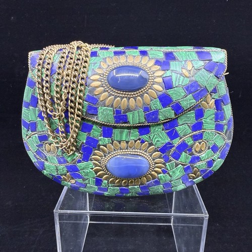 Ramla Handmade Mosaic Blue Color Clutch Crossbody Brass Accents & Stone Inlay