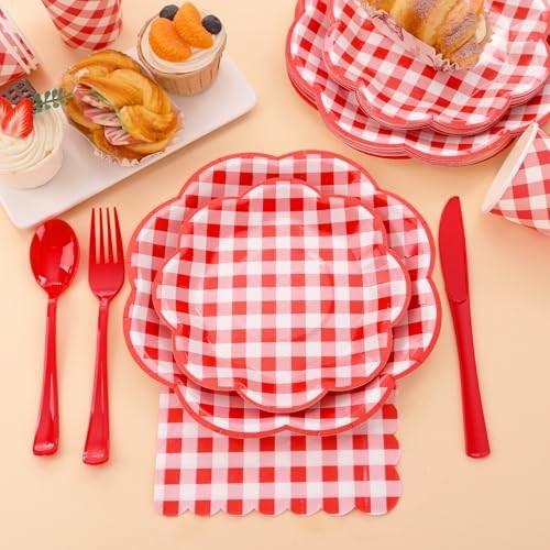 Gingham Teller und Servietten Partyzubehör - und weiß kariert 175 Teile rot - Bild 6 von 8