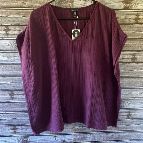 Eileen Fisher Damen Top Gr. XL Brombeere V-Ausschnitt Eckig Roher Saum Neu mit Etikett
