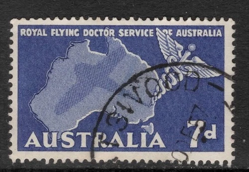 AUSTRALIA 1957  7d ULTRAMARINE FLYING DOCTOR SERVICE   STAMP VFU.