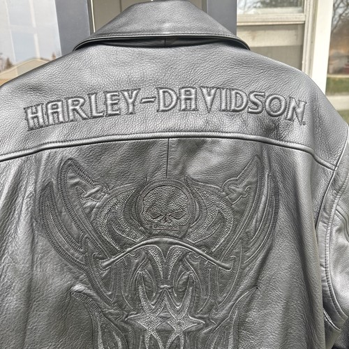 Harley Davidson IRON JAW Men Black Leather Jacket XXL Willie G Skull Tribal EUC - Picture 8 of 23