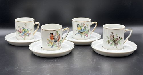 Vintage Demitasse Tassen und Untertassen verziert mit Vögeln - Bild 1 von 9