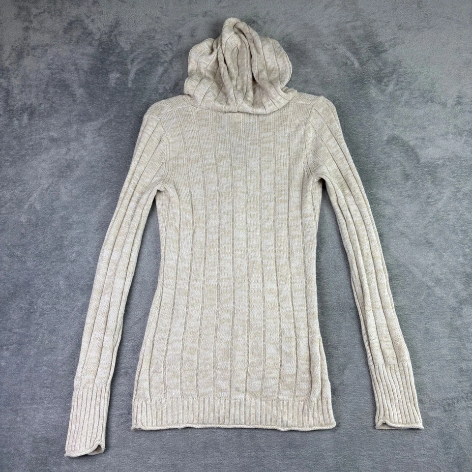 Roxy Womens S Beige Marled Ribbed Hoodie Sweater Kangaroo Pocket Buttons 90s Y2K - Image 2 of 4