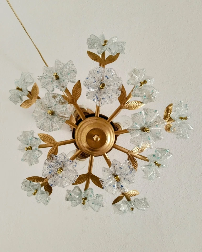 Antique Vintage Murano Milk Glass Chandelier Floral Daisy Wall art 3 Lamps - Image 2 of 4