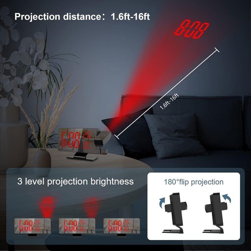 7.8" LED Projection Alarm Clock Digital Clock with 180° Projector Snooze Bedside - Picture 3 of 14