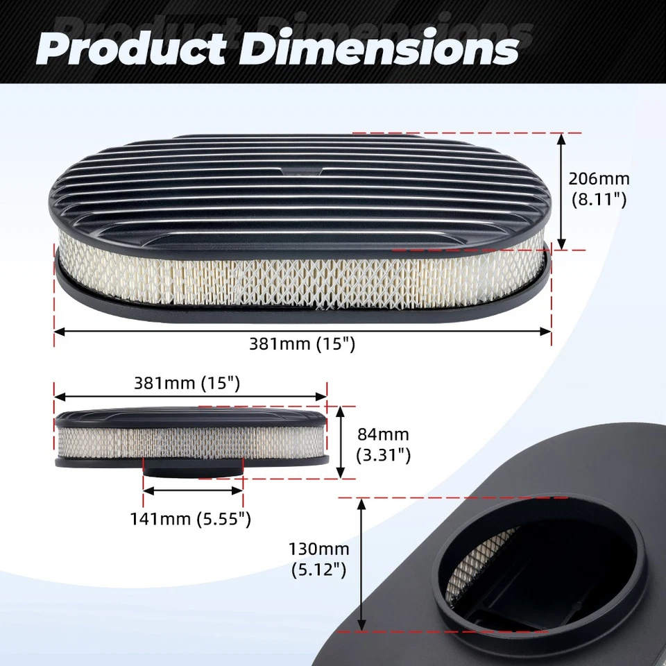 15" Oval Full Finned Air Cleaner Washable For SBC BBC Chevy Ford 5-1/8 Carb Neck - Imagem 2 de 4
