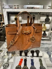 Michael Kors Carson Women Medium Croc Embossed Satchel Handbag Purse Luggage