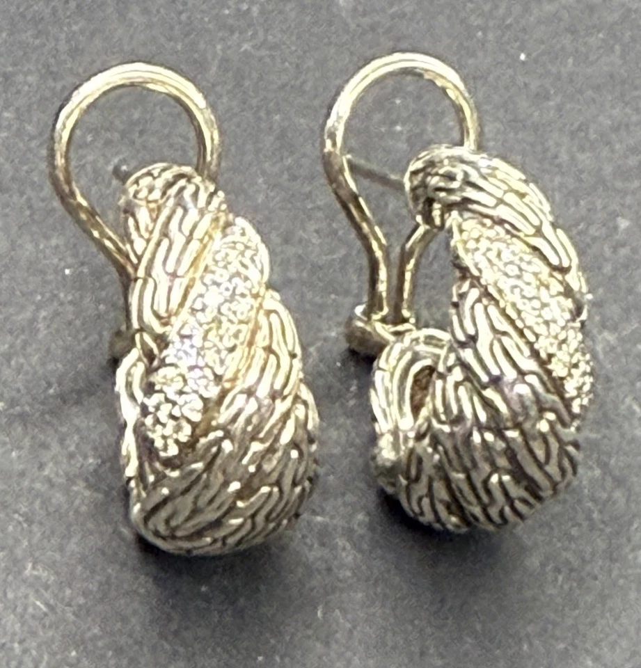 John Hardy Classic Chain Twisted Silver Diamond Hoop Earrings Sterling - Image 2 of 4