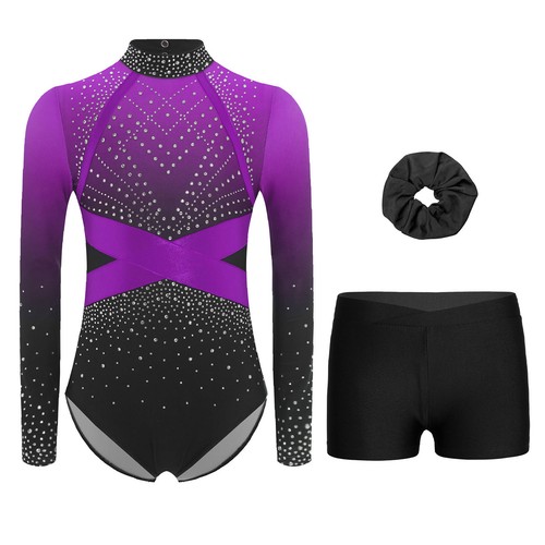 Mädchen Turnanzug Glitzer Gymnastikanzug Langarm Trikot mit Shorts Leotard Set - Picture 36 of 84