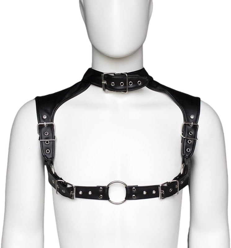Men's Body Chest Harness Belt, Adjustable Faux Patent Leather Neck Collar Choker