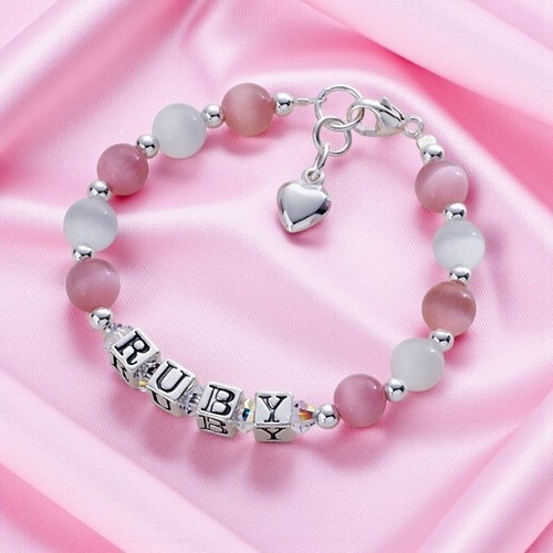 925 Sterling Silver Baby Bracelet,  ANY Name Bracelet for Girls. Many Colours! - Picture 1 of 9