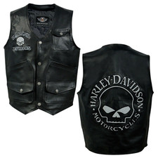 Men's Harley Reflective Skull Real Leather Black Motorcycle Vest HD Biker vest