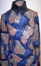 Dark Blue Beige Hologram Sequin Dot Paisley Print Lycra Stretch Fabric By Yard