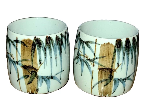 Vintage Otagiri Sake Tea Cups Stoneware Set of 2 Japan Bamboo Design