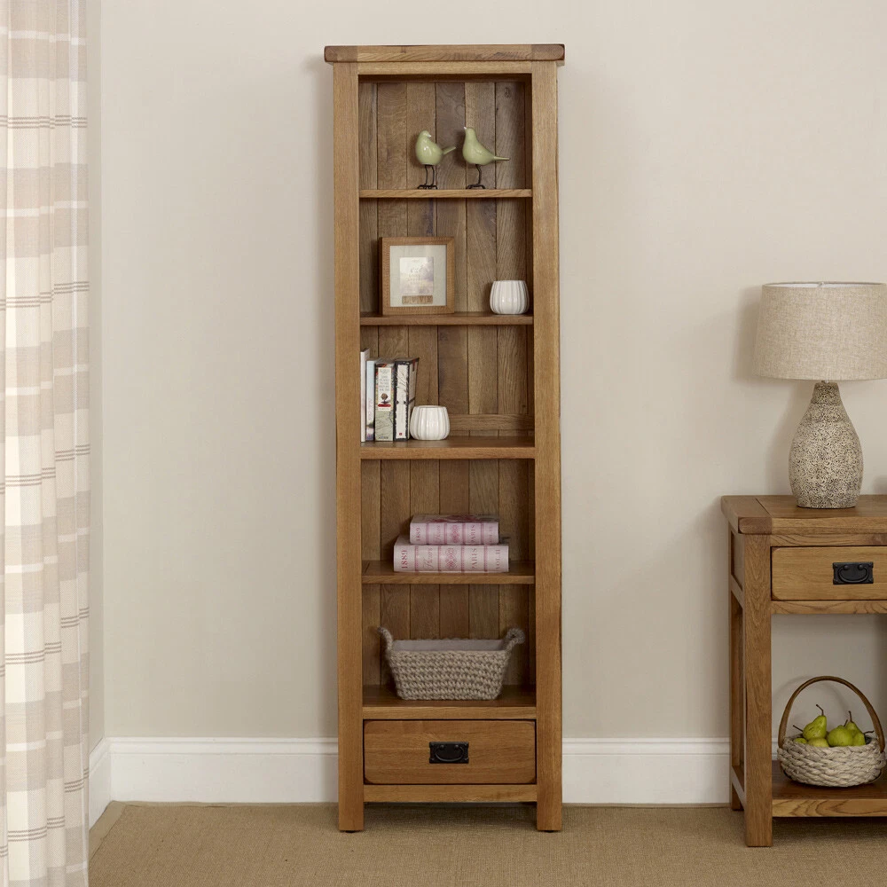 Rustic Oak 1 Drawer Tall Narrow Bookcase Adjustable Shelves RS25