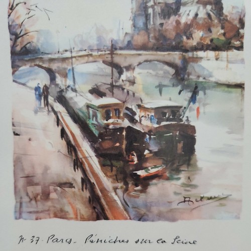 Peniches on Seine River View of Notre Dame Paris France Watercolor Print Vintage - Picture 3 of 11