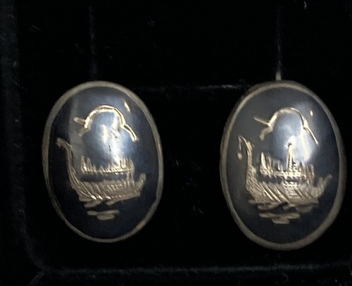 Vintage Blue Hand Etched Cuff Links Siam (Thailand) Nielloware 925
