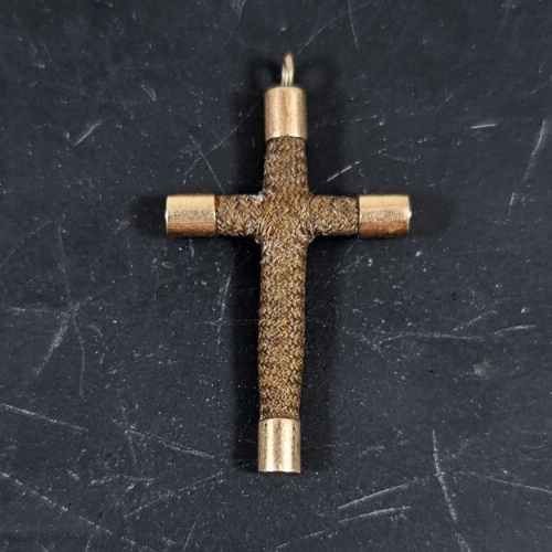 Antique Victorian Solid Yellow Gold Woven Hair Mourning Cross Pendant 1 1/8" - Picture 1 of 5