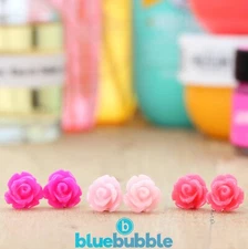bluebubble 10mm ROSE BUD Earrings Set of 3 Pairs - Cute Wedding Flower Girl Boho