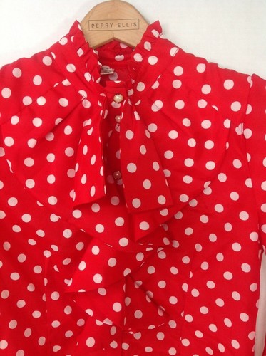 Vintage Red White Polka Dot High Neck Ruffle Blouse - Picture 3 of 6