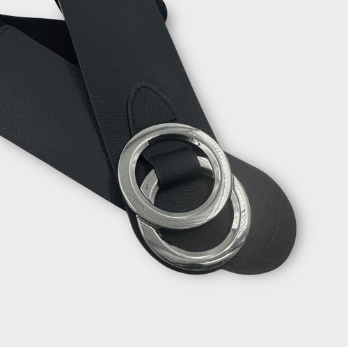 Stretch Fashion Belt Black Silver Vegan Large Buckle S/M Statement Mod 28"-32" - Picture 3 of 9