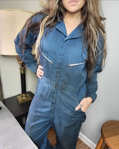 Vintage Thrashed Coveralls Mechanics Work Wear Dickies Mens Size 40 Navy Blue - Picture 9 of 10
