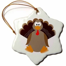 3dRose Cute Thanksgiving Turkey Cartoon 3 inch Snowflake Porcelain Ornament