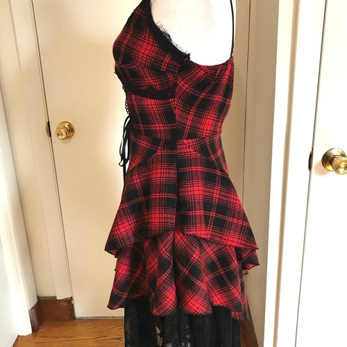 Vestido Punk Gótico Visual Kei Rojo y Negro Cuadros Tartán Dobladillo Asimétrico M - Imagen 8 de 12
