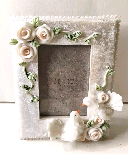 4x5 Wedding Picture Frame Pearl White 3D Doves Roses Ornate Romantic