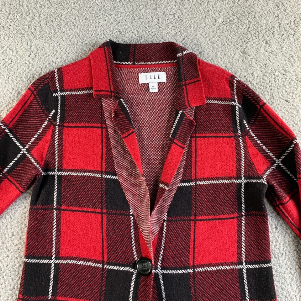 Elle Cardigan Suéter Mujer XS Rojo Negro Tartán Cuadros Plumero Blazer Un Botón Foto 4 de 4