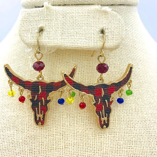 Christmas Themed Buffalo Plaid Bull Earrings (1.5x1.75in) - Picture 8 of 12