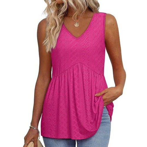 Women Sleeveless V Neck Tunics Shirt Eyelet Ruffle Babydoll Peplum Tank Tops - Picture 16 of 48